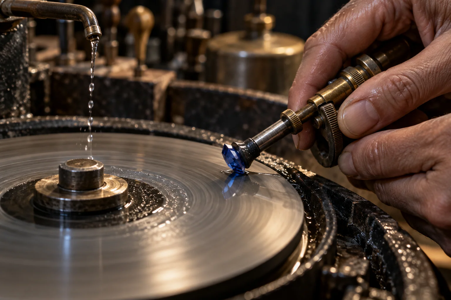 Illustrative close-up of an artisan working at a lapidary polishing wheel