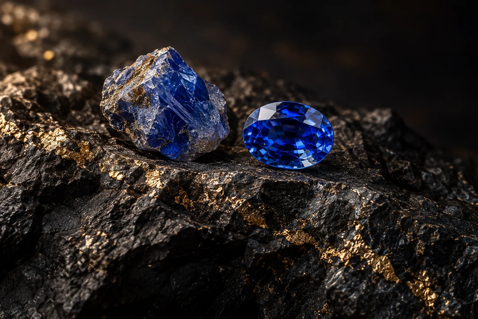 Illustrative rough blue crystal beside a polished sapphire