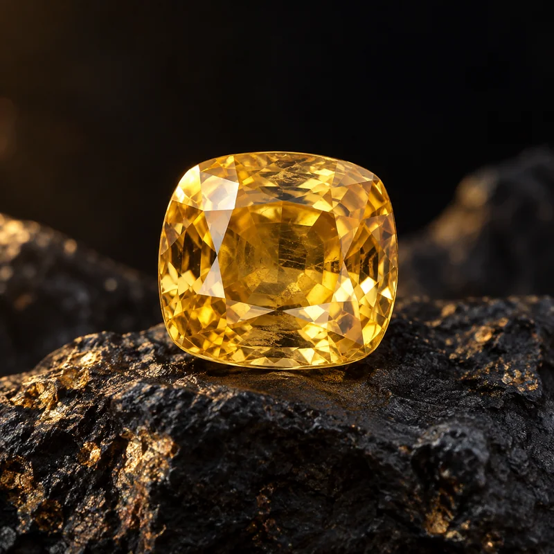 Illustration of Yellow Sapphire on dark mineral stone